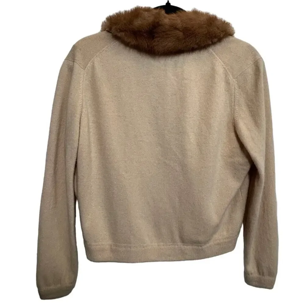 1950s Cashmere Cardigan Detachable Mink Fur Collar Rhinestone Clasp Glam SM - Picture 9 of 13